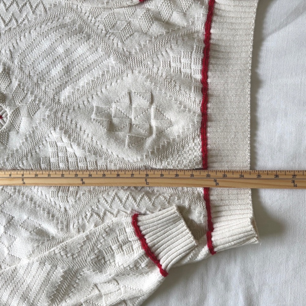 Vintage 80's V-Neck Cotton Knit Sweater Cream Red Stripe Varsity Made in USA XL - Picture 5 of 6